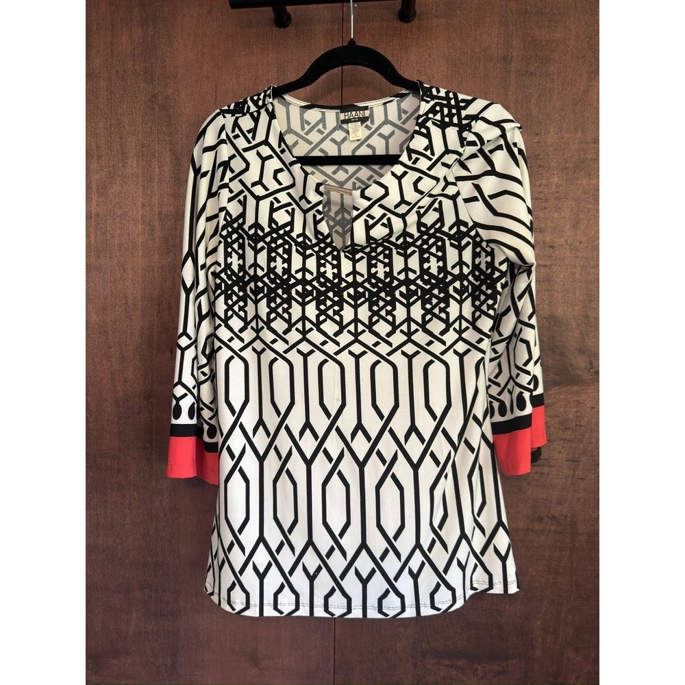 Haani Petite Women PL Tunic Top Black White Geometric 3/4 Sleeve Coral Trim